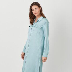 MYSTREE Satin Feel Mint Blue Button Front Shirt Dress Midi Long Sleeve Pocket